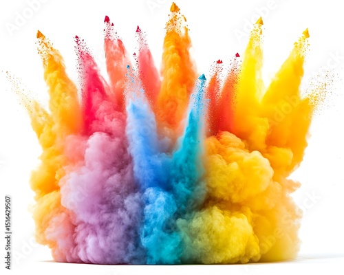 Colorful explosion of powder spreads across the white background evenly