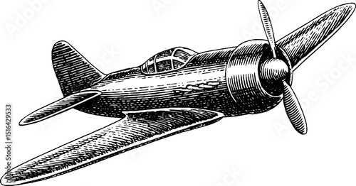 Engraved illustration of vintage toy plane with bold black lines for retro design projects