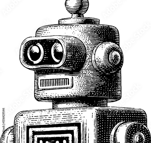 Engraved illustration of vintage toy robot. Retro mechanical machine drawing sketch with detailed artistic design and decoration.
