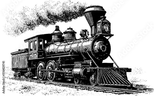 Vintage toy train engraving with bold black lines for retro design and decor