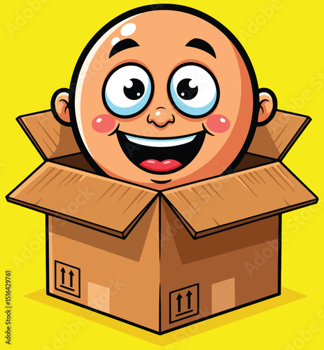 A cheerful and expressive cartoon face with wide eyes and a big smile peeking out of a cardboard box against a vibrant yellow background, conveying happiness and surprise.