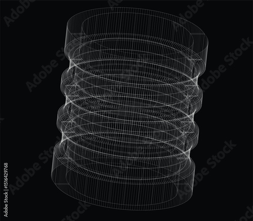 A captivating abstract wireframe rendering of a cylinder with an undulating surface, presented in white lines against a black background, representing digital design, technology, or futuristic concept