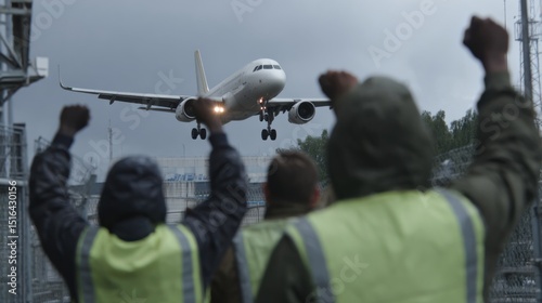 Industrial scene of airport workers in yellow vests raising fists as airplane lands on runway under cloudy sky, symbolizing labor rights, protests and transportation industry photo