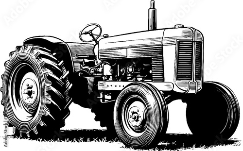 Engraved tractor illustration with bold black lines for vintage design projects