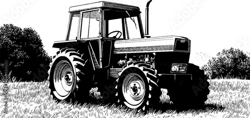 Engraved tractor illustration with bold black lines for agriculture design