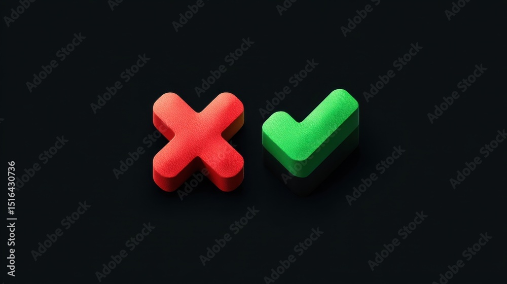 Fototapeta premium Minimal 3D symbols of red cross and green check mark on dark background representing right and wrong, decision-making and approval or rejection concepts for user interface visuals