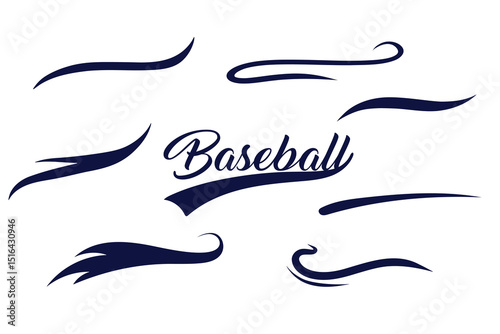 Baseball wordmark with navy swoosh shapes and vintage script style