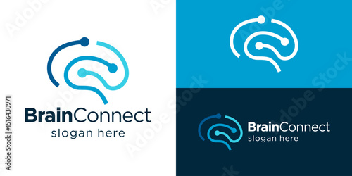 Creative simple brain connect logo template. Brain with dot connection logo design vector illustration.