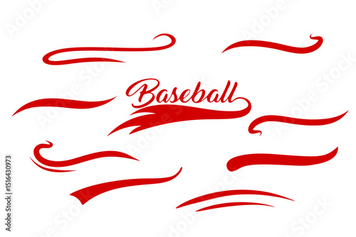 Red baseball swoosh elements with script text