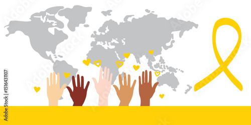 Yellow awareness ribbon with raised hands and world map, supporting suicide prevention, childhood cancer awareness, global hope, and inclusive mental health advocacy