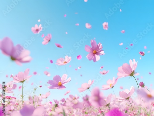 Cosmos Flowers Floating in Clear Blue Sky, Blooming Cosmos in Bright Sky, Windy Cosmos Petals in Air, Clear Sky with Falling Pink Flowers, Sunny Sky and Cosmos Blossom Scene