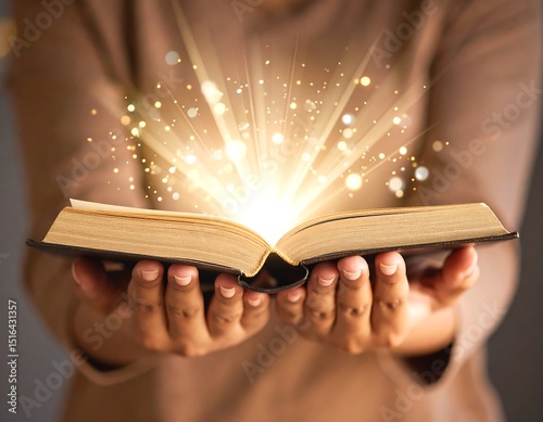 Open book with radiating light held by hands