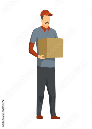 Moving house service. Mover or delivery worker carrying boxes and furniture. Moving house, people packing things. Supplies logistic transportation. Cartoon vector illustration