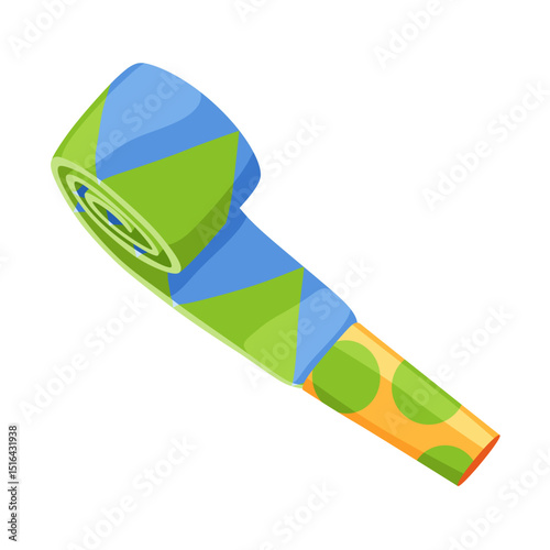 Party blower or noise maker icon. Rolled sound, celebration concept. Flat design of party horn sticker. Vector cartoon illustration