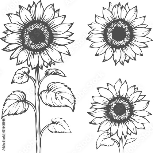 Set illustrations of sunflower isolated on transparent background. Vector graphics