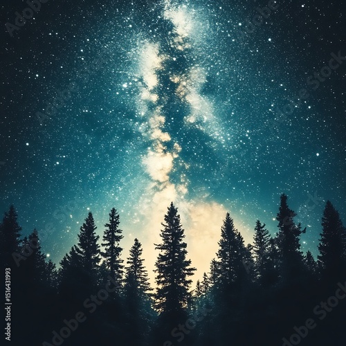 The expansive galaxy shines above silhouetted trees at nighttime in nature