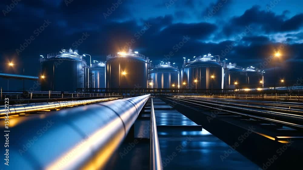 Bright industrial floodlights casting dramatic highlights and shadows across the metallic LNG tank, with reflective pipes and walkways shimmering in the distance under the night sk