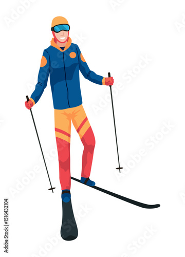 Skier, icon. Sportsman doing sport activity. People riding skis. Cartoon winter sport character, travel activity. Concept of vacation. Vector illustration isolated on white background
