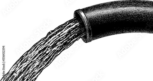 Engraved detailed illustration of flowing water from hose for gardening design