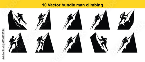 Ten Vector Silhouettes of a Man Mountain Climbing