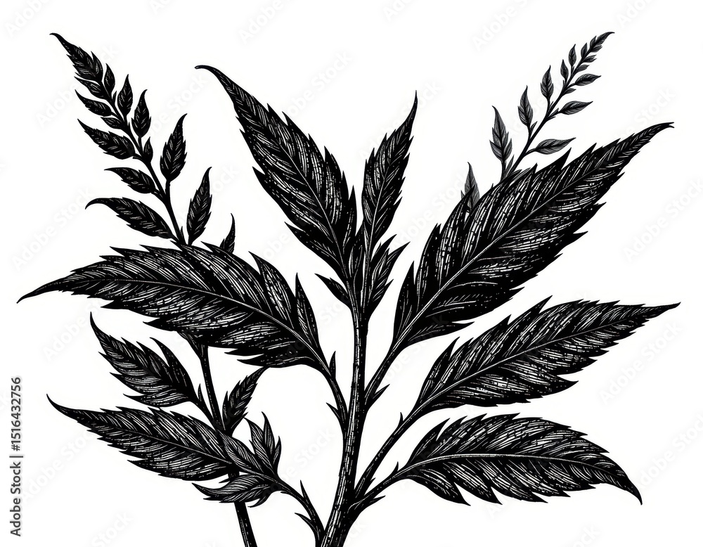 Naklejka premium Detailed black and white botanical drawing of a flowering plant, monochromatic study