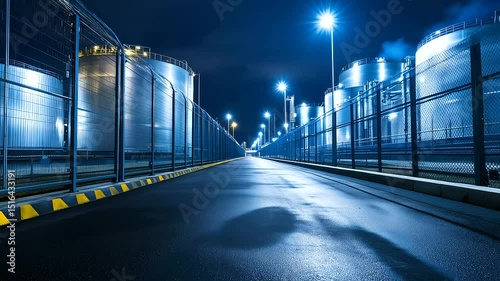 High-tech perimeter fencing with embedded sensors and electronic gates surrounding a large LNG tank, the smooth metal surface glinting as security lights flicker across the expansi photo