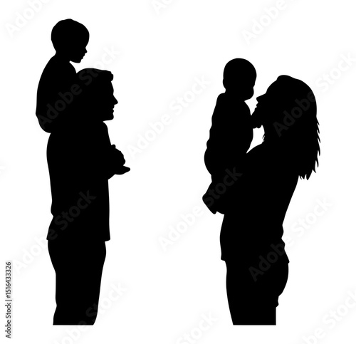 Happy Family Silhouettes of a Father Carrying a Child and Mother Holding a Baby