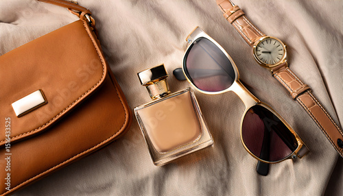 Fashion Accessories Flat Lay - Sunglasses, a designer handbag, a wristwatch, and perfume bottle arranged on a neutral fabric background.