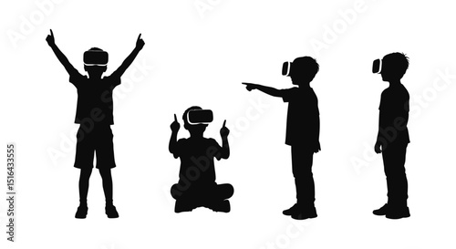 Children Experiencing Virtual Reality, Silhouette Illustration