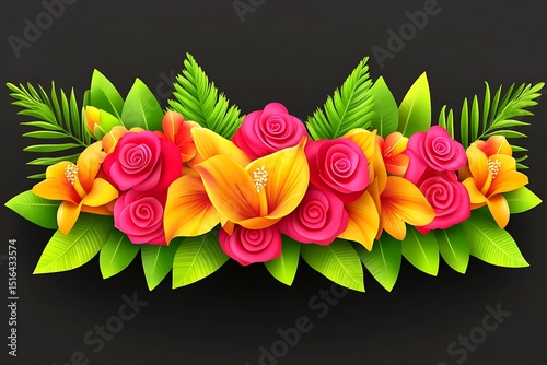 Brightly colored arrangement of flowers and foliage on black background