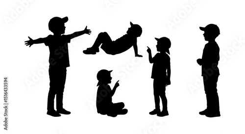 Silhouette of children interacting in various playful poses