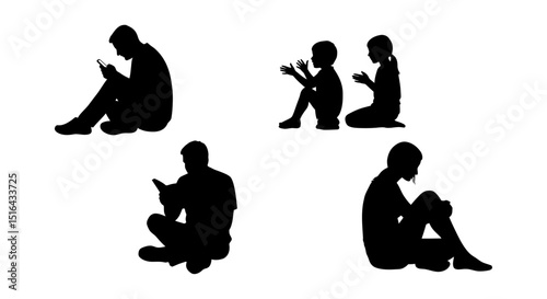 Diverse group of people sitting, engaging in various activities.