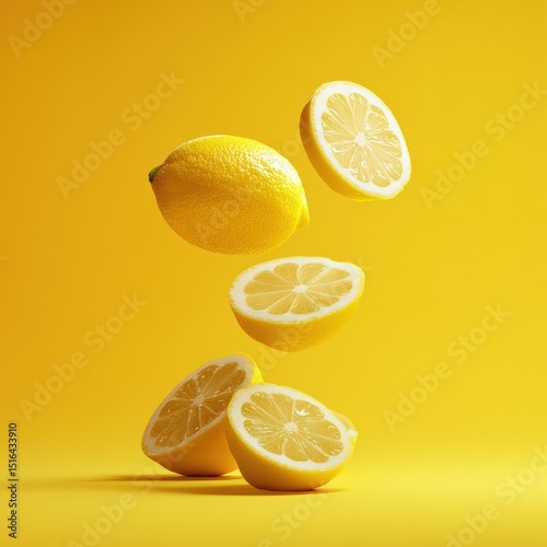Bright yellow lemons, whole and sliced, levitating against a matching yellow background