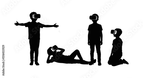 Children Immersed in VR Experiences: Silhouettes of Kids Wearing VR Headsets