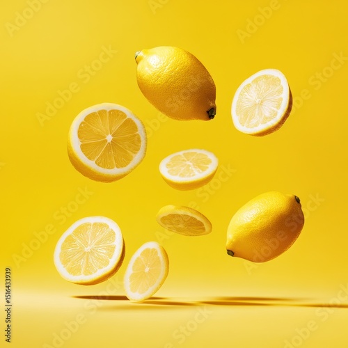 Yellow lemons, some sliced, are suspended in the air against a bright yellow backdrop