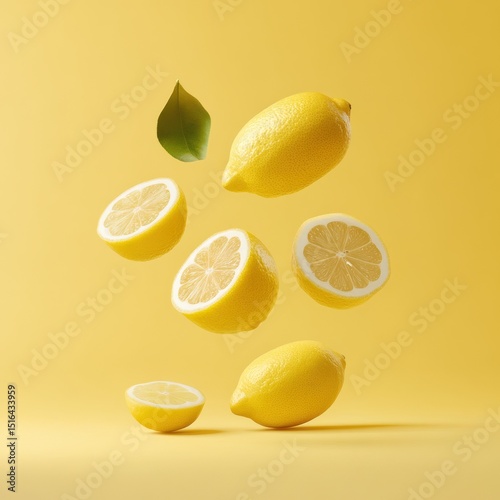 Floating lemons & a leaf on a yellow backdrop, perfect for food & beverage visuals