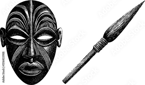 Traditional african masks and tribal spear engraved illustrations for cultural design projects