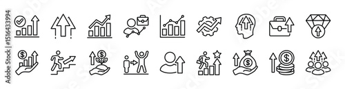Growth arrow icon set. Contains chart, graph, increase, grow, improvement, climb, gain, up, expansion for profit, success, stock, career, earning, investment, work, development, value. Vector 