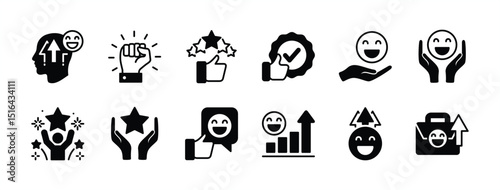 Optimism icon vector set. Contains hope, good wishes, confidence, faith, trust, positive thinking, certainty, happy, joyful, smile, cheerfulness. Illustration