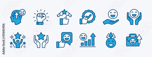 Set of optimism icon. Contains hope, positive thinking, good wishes, confidence, faith, trust, certainty, happy, joyful, smile, cheerfulness. Vector illustration