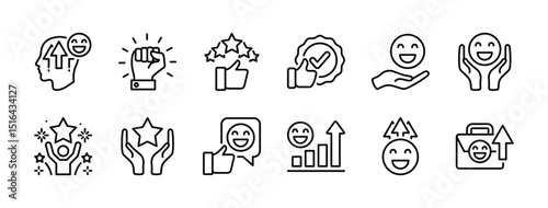 Optimism icon set. Contains hope, good wishes, confidence, faith, trust, positive thinking, certainty, happy, joyful, smile, cheerfulness. Vector illustration