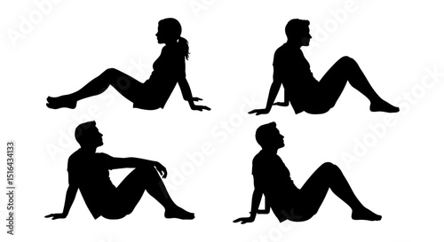 Relaxing woman silhouette set, casual sitting poses vector, black and white female figures