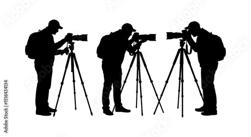 Three photographers with cameras and tripods, silhouette design