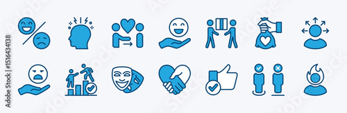 Set of behavior emotional of people, person, and human icon vector. Contains smile, happy, sad, dizzy, mutual help, teamwork, donation, disappointed, theatre mask, good, angry, friendship illustration