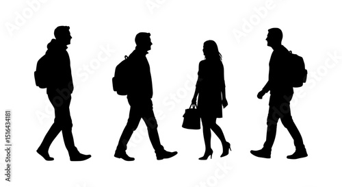 Silhouettes of people walking, carrying backpacks and bags
