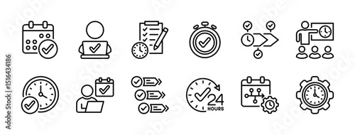 Discipline icon set. Contains core, time management, rules, behavior, on schedule, diligent employee, hard work, step, plan, strategy, timetable, commitment, routine, calendar. Vector illustration
