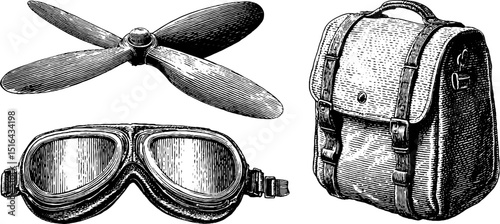 Vintage aviation equipment engraving: propeller, goggles, and backpack for retro design