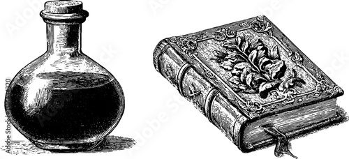 Vintage alchemy symbols featuring intricate engraved potion bottle and ornate book design