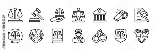 Justice icon set. Contains law, judgment, court, lawyer, equality, legal hammer, courthouse, whistle, process, truth, balance, police, handcuffs, criminal, law book. Vector illustration