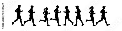 Silhouettes of diverse runners in motion, perfect for fitness or sport themes.